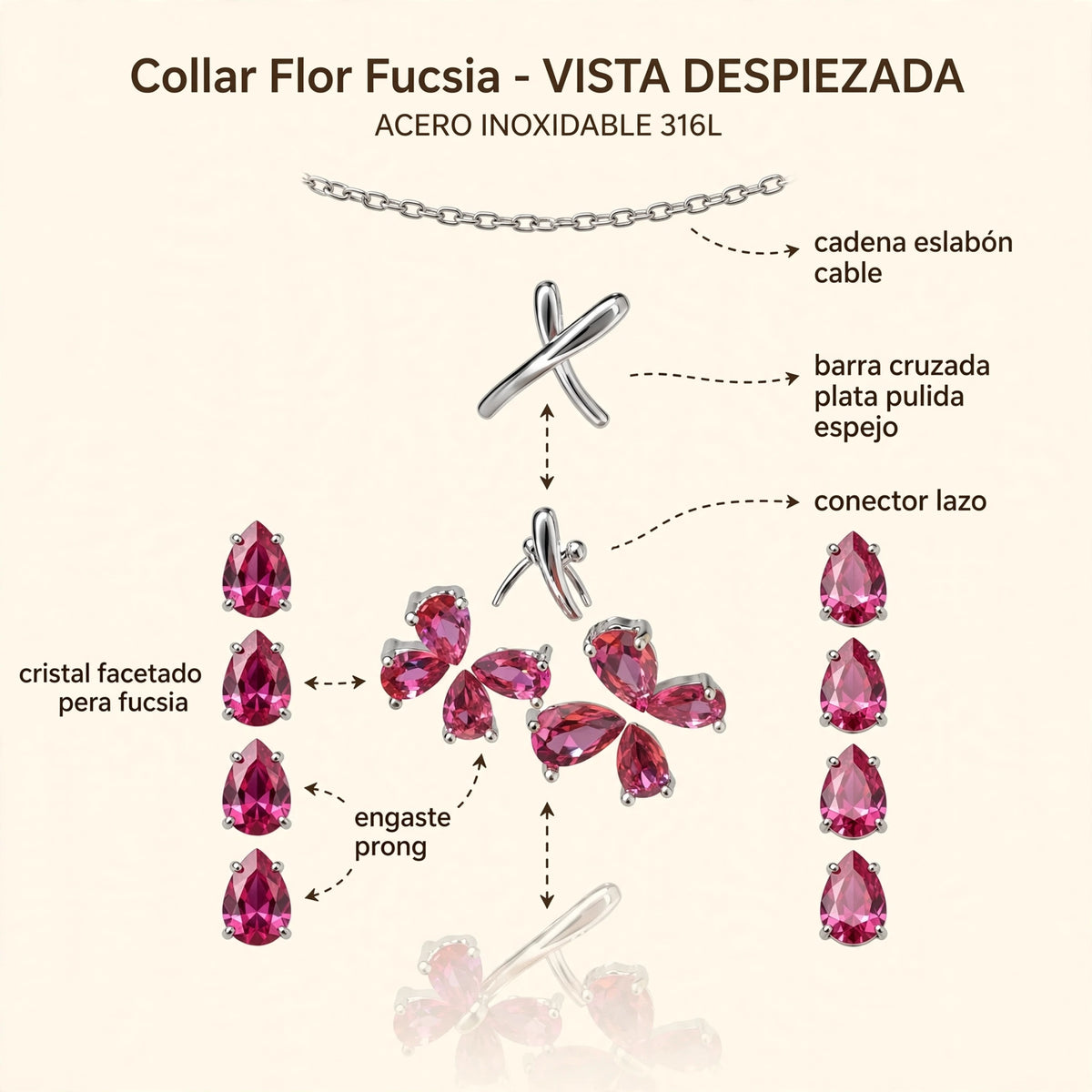 Collar Flor Fucsia de Gotitas de Miel en acero inoxidable, en cajita de regalo. Envío en Panamá.