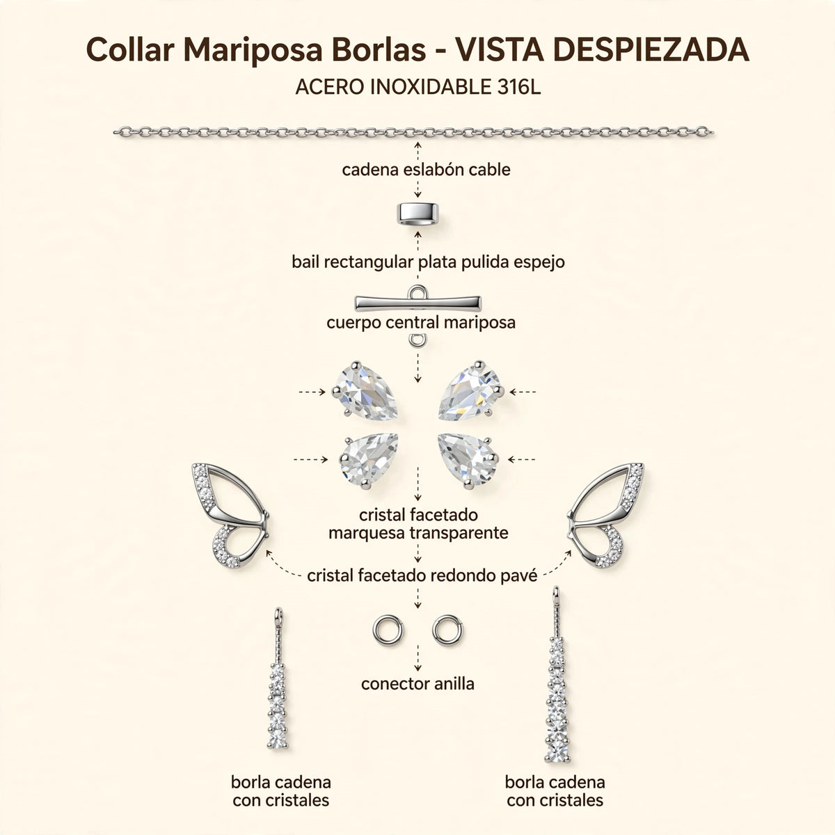 Collar Mariposa Borlas de Gotitas de Miel en acero inoxidable, en cajita de regalo. Envío en Panamá.