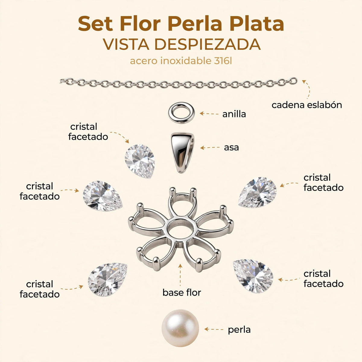 Set Flor Perla Plata de Gotitas de Miel en acero inoxidable, en cajita de regalo. Envío en Panamá.