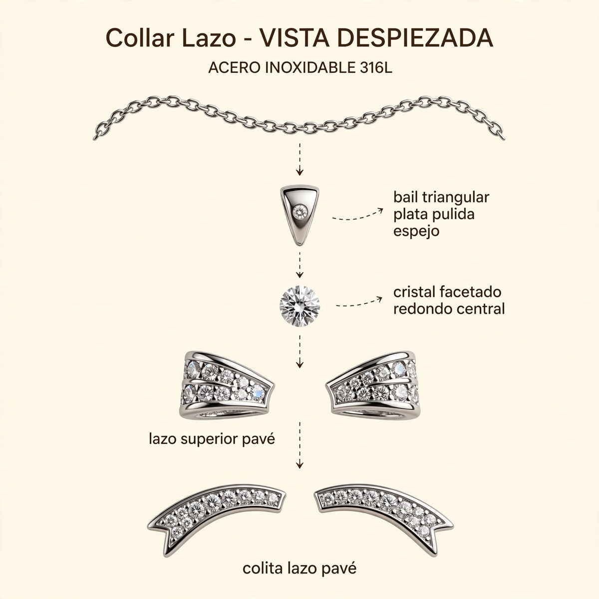 Collar Lazo de Gotitas de Miel en acero inoxidable, en cajita de regalo. Envío en Panamá.