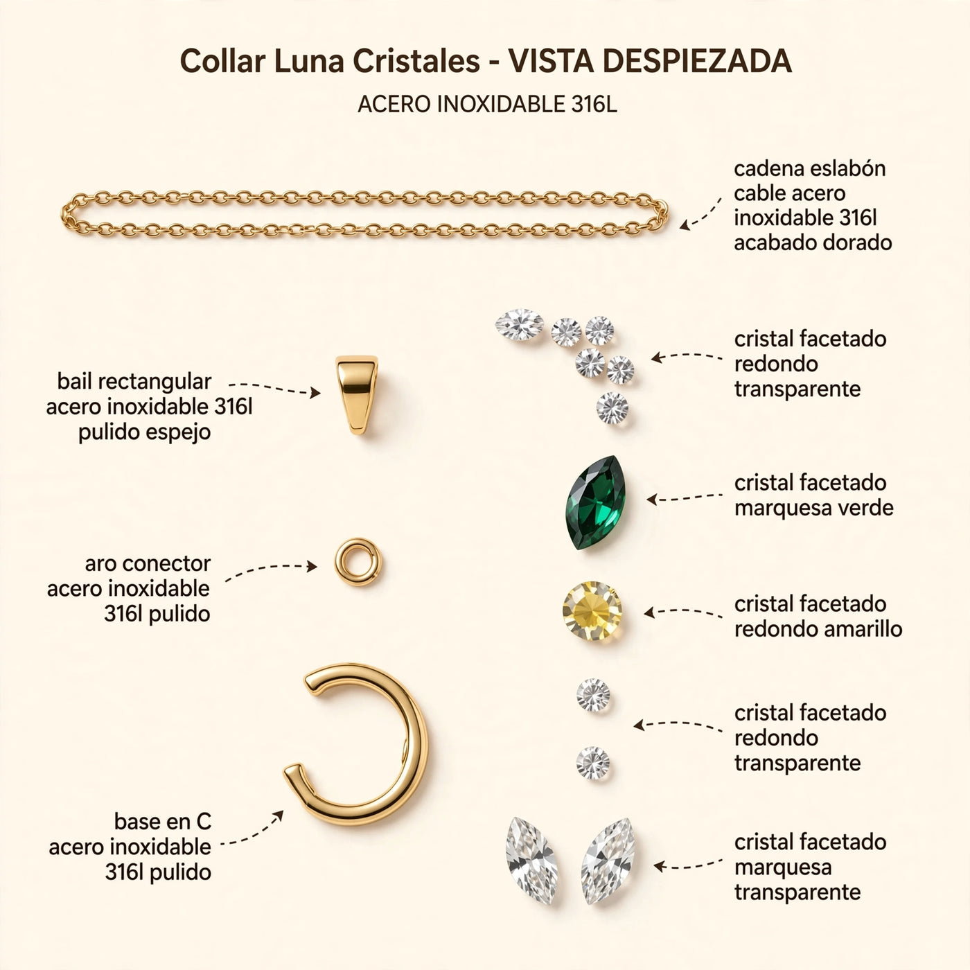 Collar Luna Cristales de Gotitas de Miel en acero inoxidable, en cajita de regalo. Envío en Panamá.