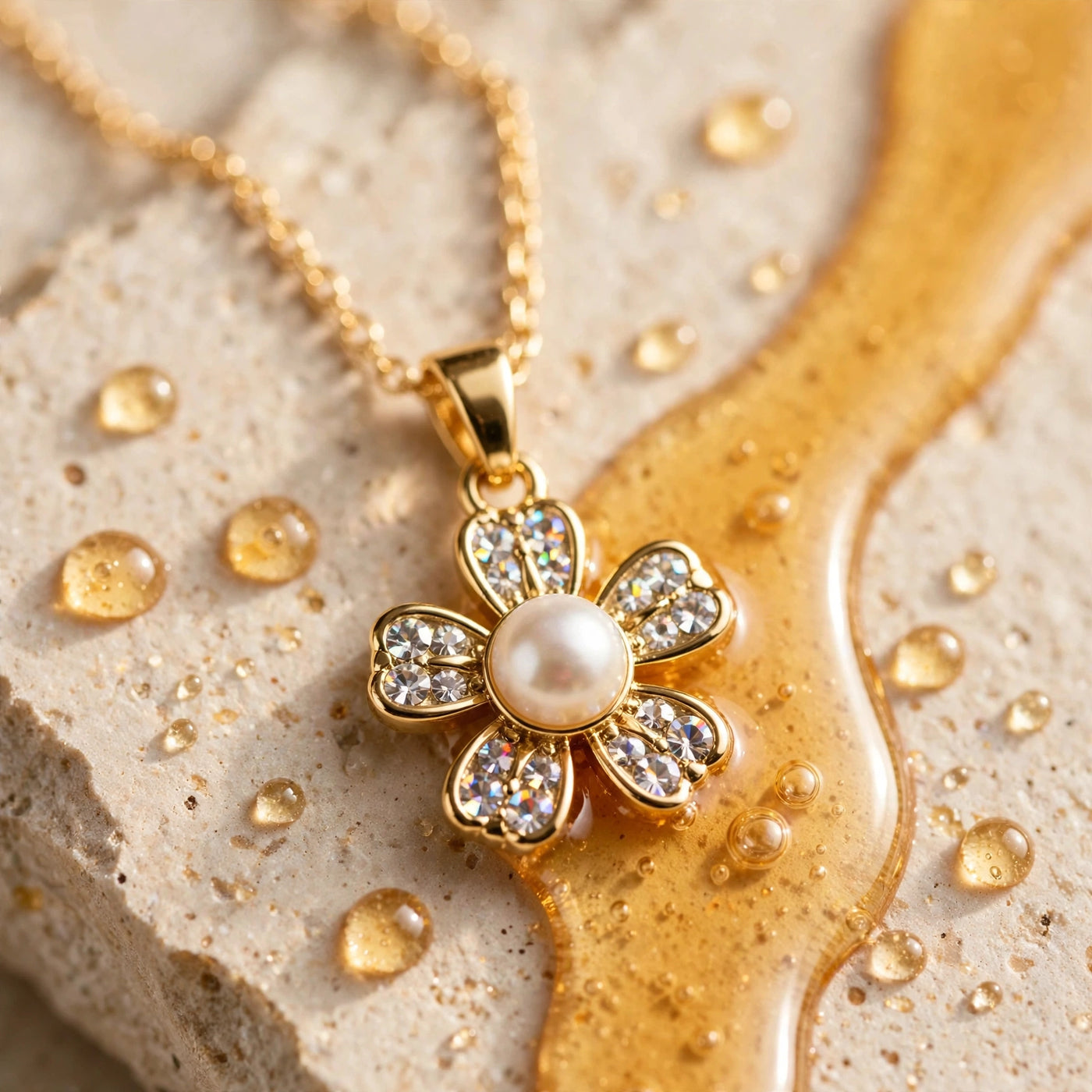 Set Flor Perla Dorado de Gotitas de Miel en acero inoxidable, puesto. Envío en Panamá.