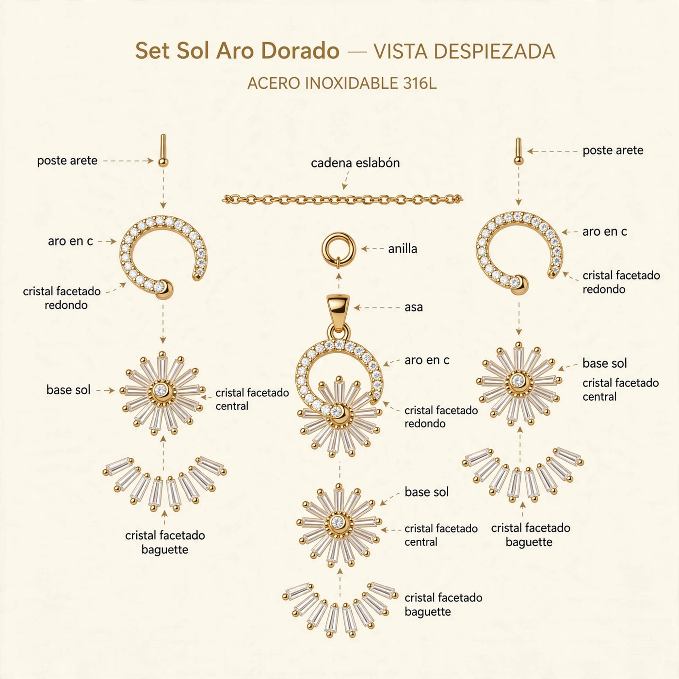 Set Sol Aro Dorado de Gotitas de Miel en acero inoxidable, en cajita de regalo. Envío en Panamá.