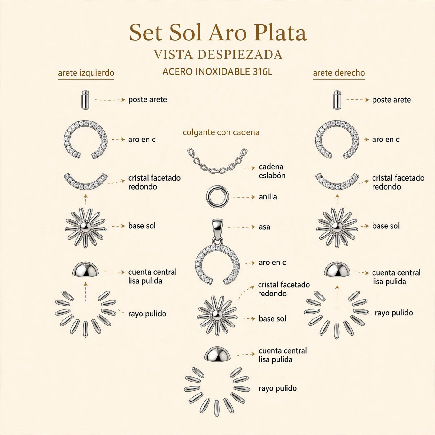 Set Sol Aro Plata de Gotitas de Miel en acero inoxidable, en cajita de regalo. Envío en Panamá.