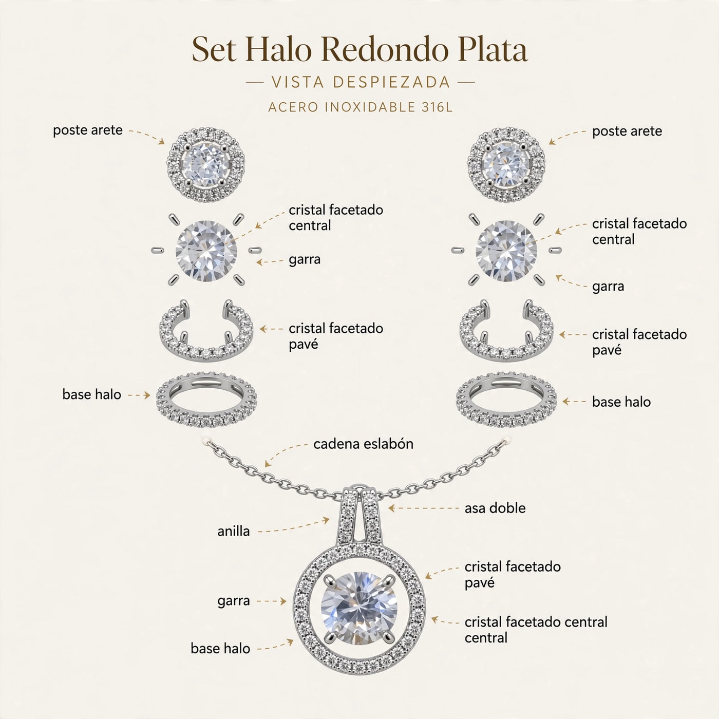 Set Halo Redondo Plata de Gotitas de Miel en acero inoxidable, en cajita de regalo. Envío en Panamá.