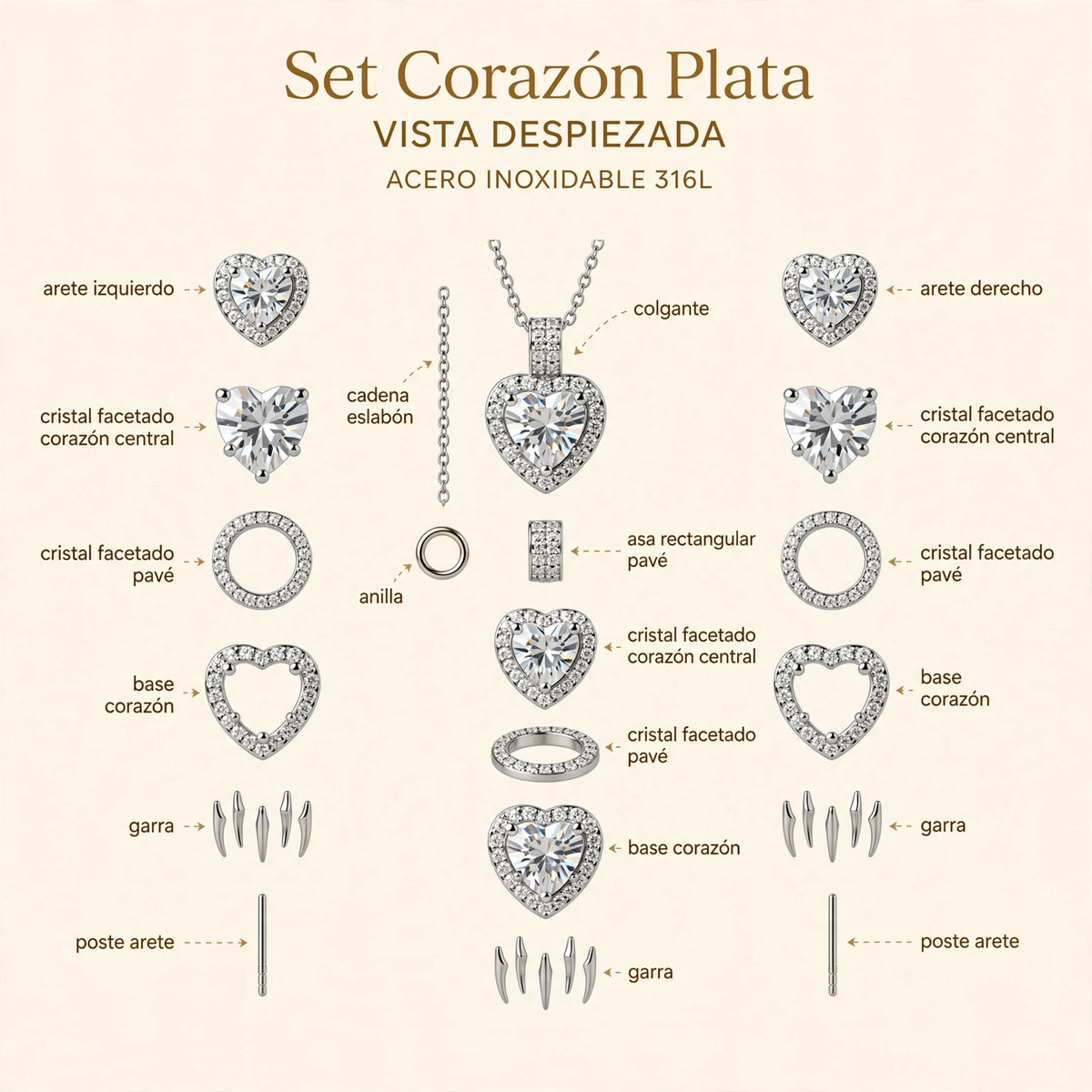Set Corazón Plata de Gotitas de Miel en acero inoxidable, en cajita de regalo. Envío en Panamá.
