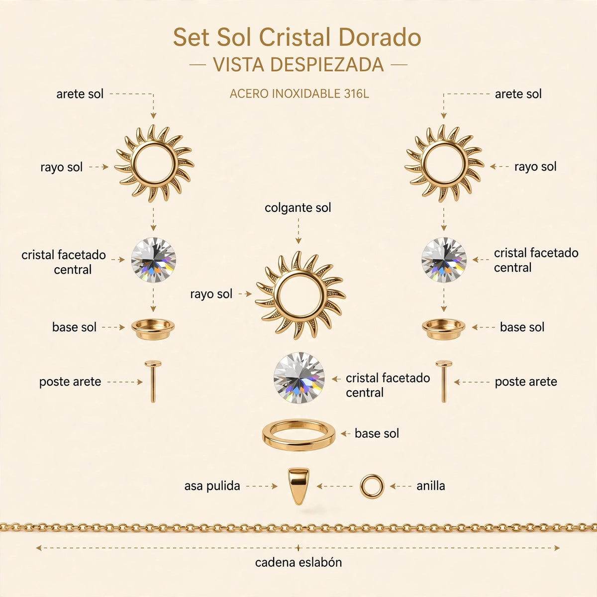 Set Sol Cristal Dorado de Gotitas de Miel en acero inoxidable, en cajita de regalo. Envío en Panamá.