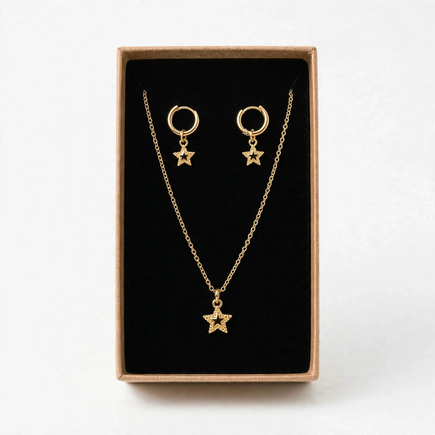 Set Estrella y Aretes Aro de Gotitas de Miel en acero inoxidable. Envío en Panamá.