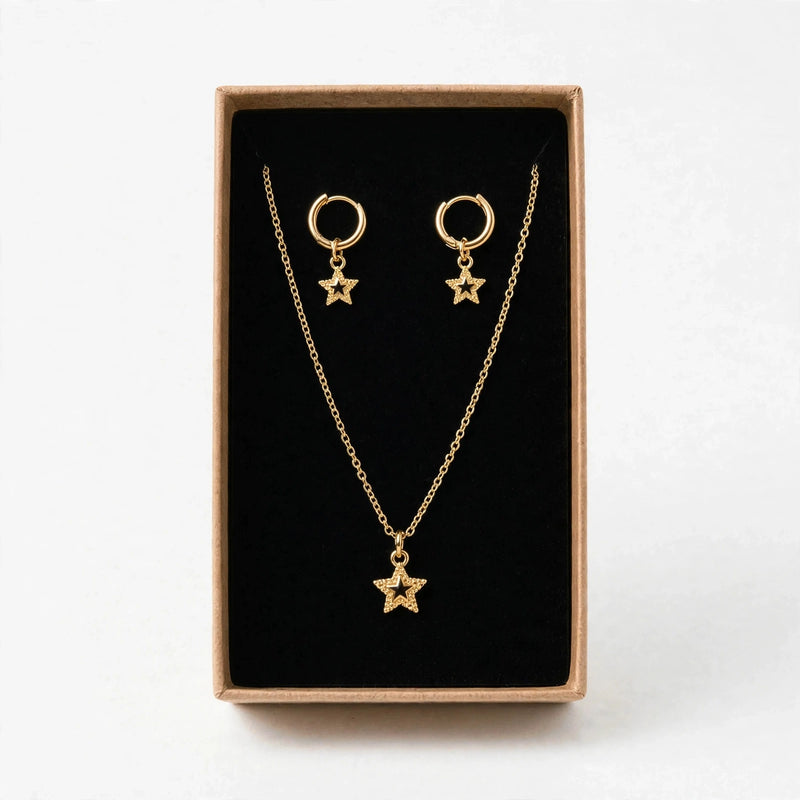 Set Estrella y Aretes Aro de Gotitas de Miel en acero inoxidable. Envío en Panamá.