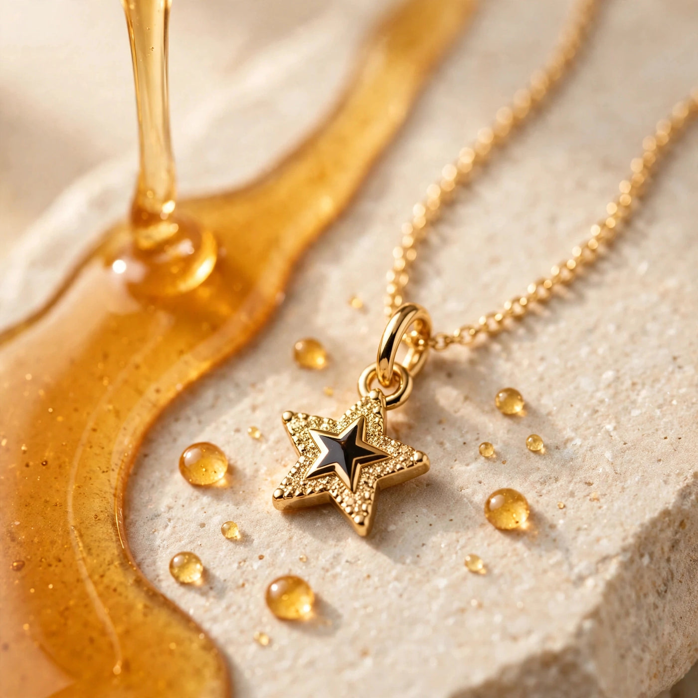 Set Estrella y Aretes Aro de Gotitas de Miel en acero inoxidable, puesto. Envío en Panamá.