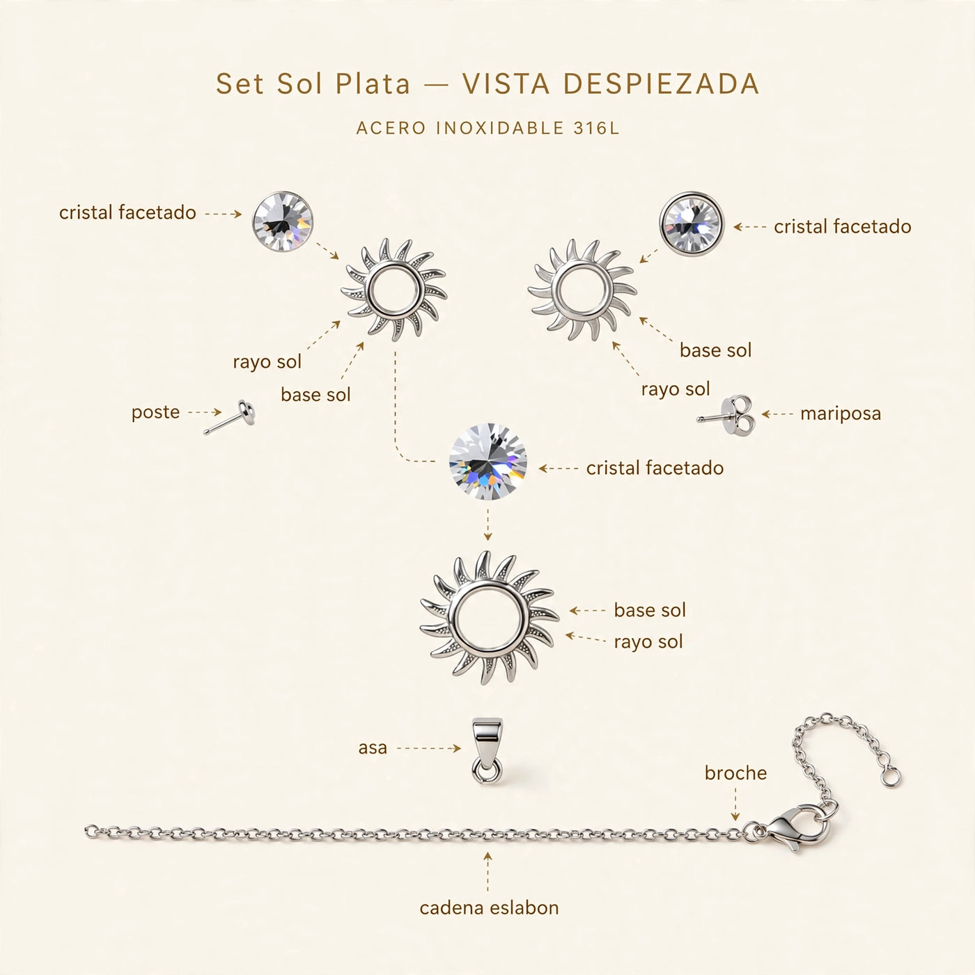 Set Sol Plata de Gotitas de Miel en acero inoxidable, en cajita de regalo. Envío en Panamá.