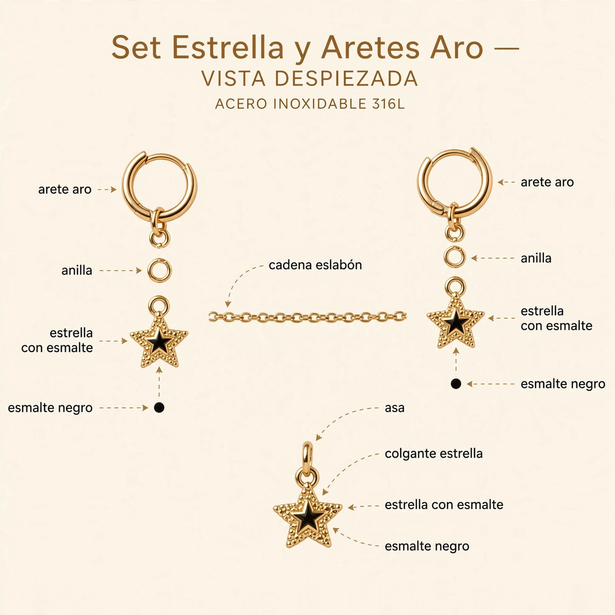 Set Estrella y Aretes Aro de Gotitas de Miel en acero inoxidable, en cajita de regalo. Envío en Panamá.