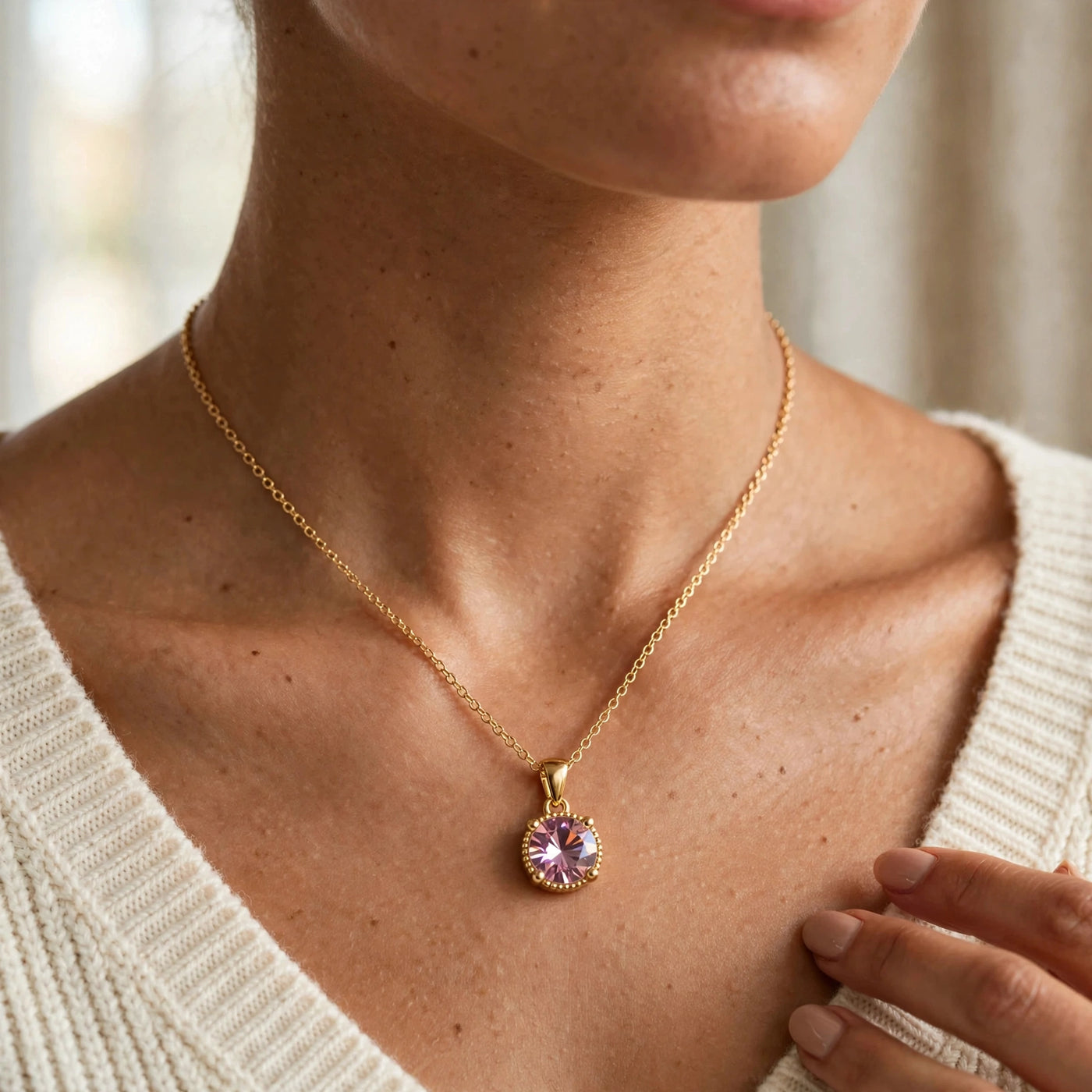 Collar Piedra Rosa de Gotitas de Miel en acero inoxidable, vista de detalle. Envío en Panamá.