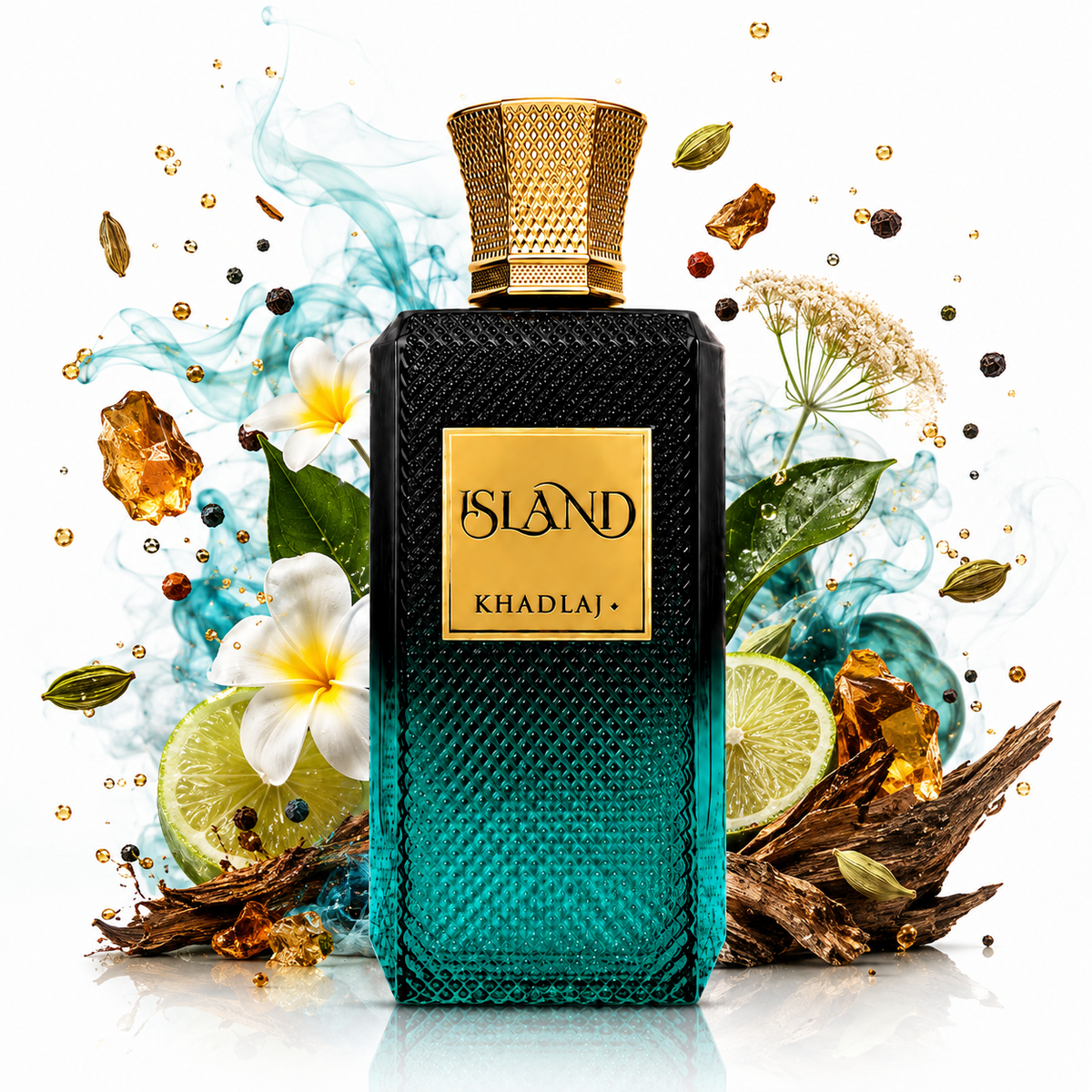 Island Khadlaj 100 ml, perfume disponible en Gotitas de Miel Panamá, vista de detalle.