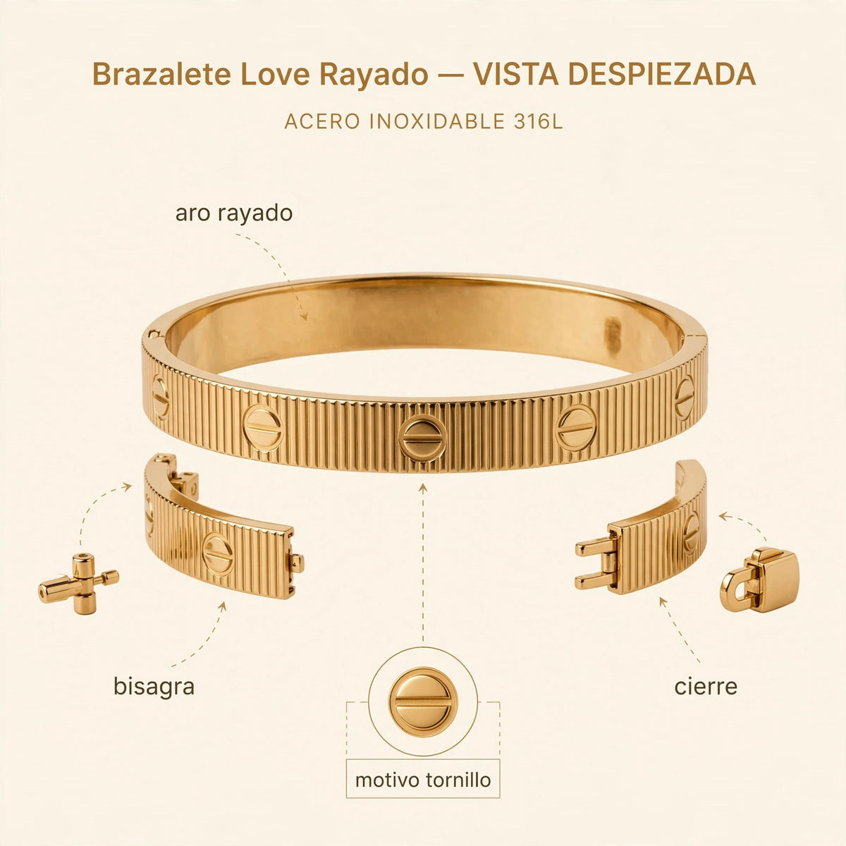 Brazalete Love Rayado de Gotitas de Miel en acero inoxidable, en cajita de regalo. Envío en Panamá.