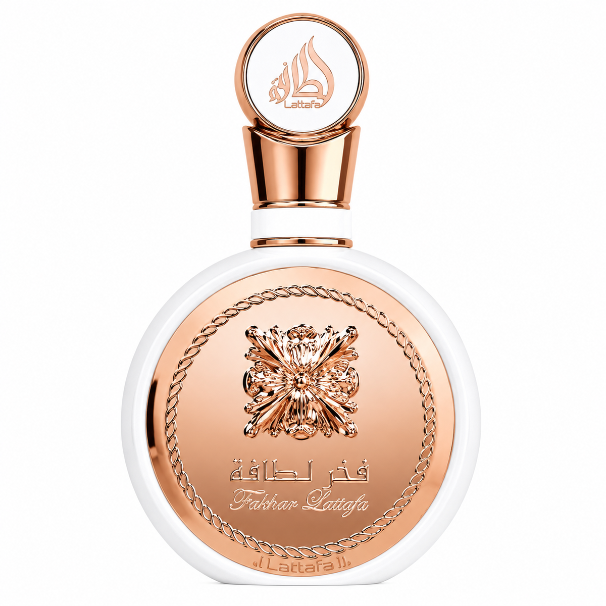 Fakhar White 100 ml, perfume disponible en Gotitas de Miel Panamá, frasco y estuche.