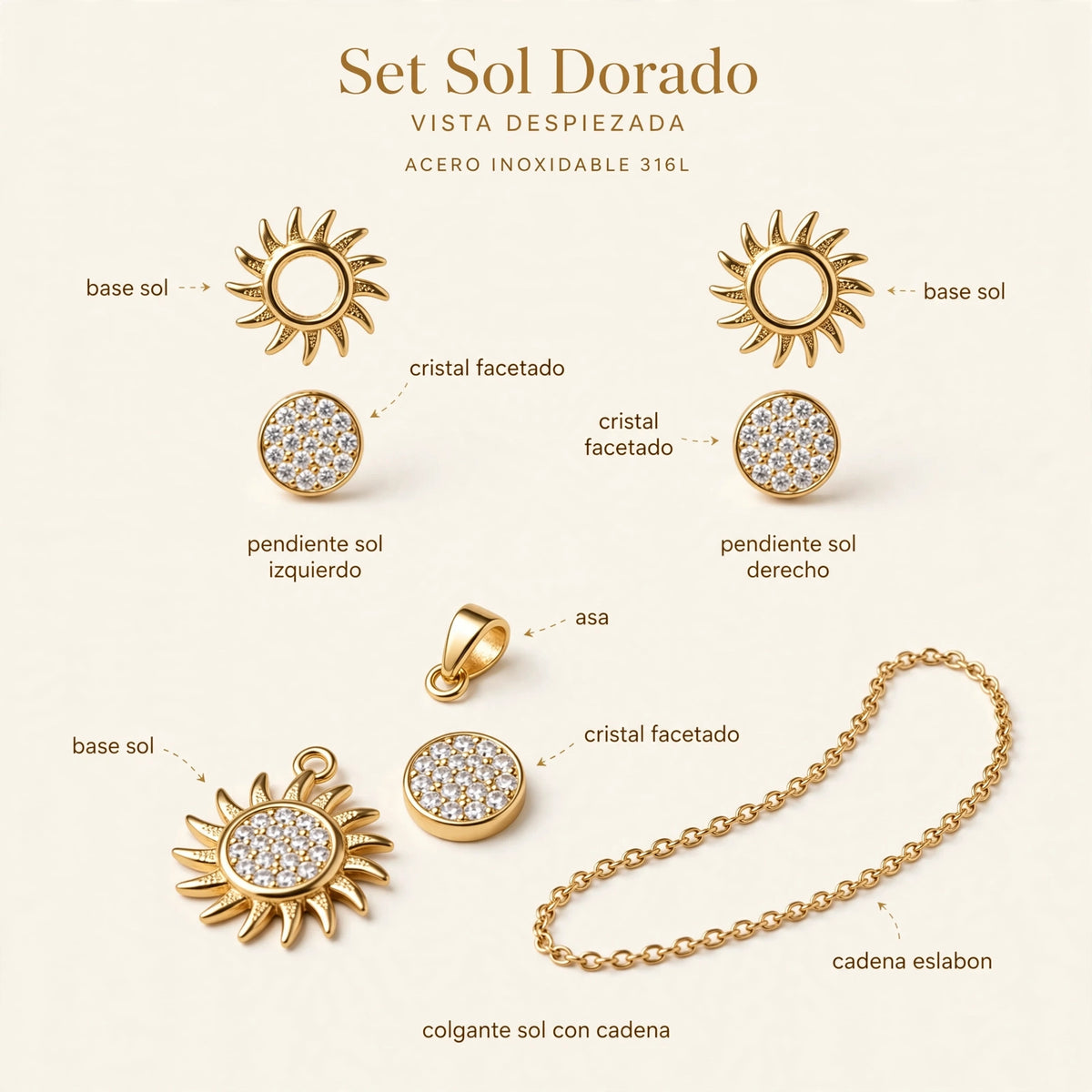 Set Sol Dorado de Gotitas de Miel en acero inoxidable, en cajita de regalo. Envío en Panamá.