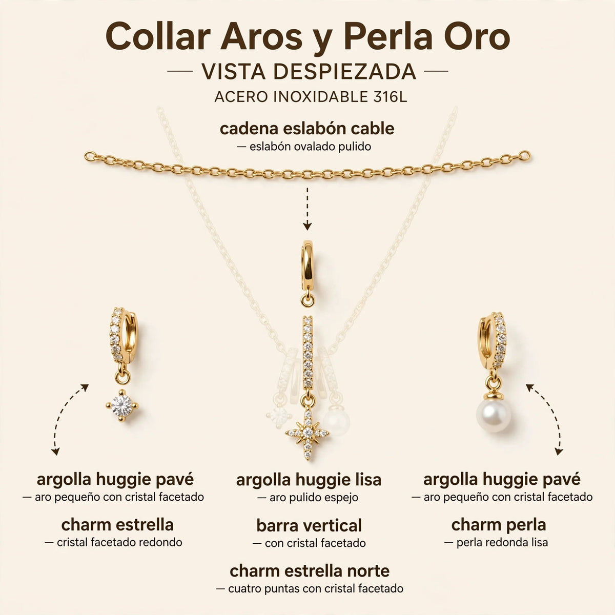 Collar Aros y Perla Oro de Gotitas de Miel en acero inoxidable, en cajita de regalo. Envío en Panamá.