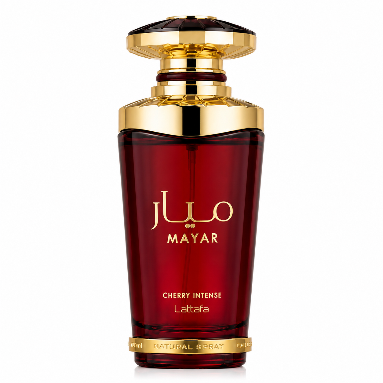Mayar Cherry Intense 100 ml, perfume disponible en Gotitas de Miel Panamá, frasco y estuche.