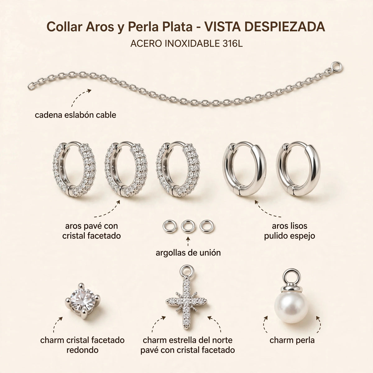 Collar Aros y Perla Plata de Gotitas de Miel en acero inoxidable, en cajita de regalo. Envío en Panamá.