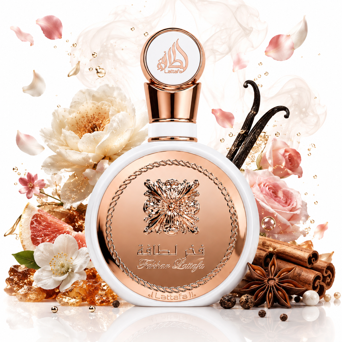 Fakhar White 100 ml, perfume disponible en Gotitas de Miel Panamá, vista de detalle.