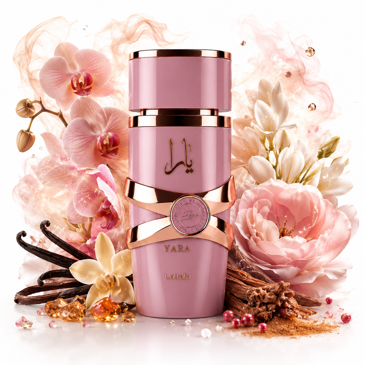 Yara Elixir 100 ml, perfume disponible en Gotitas de Miel Panamá, frasco y estuche.