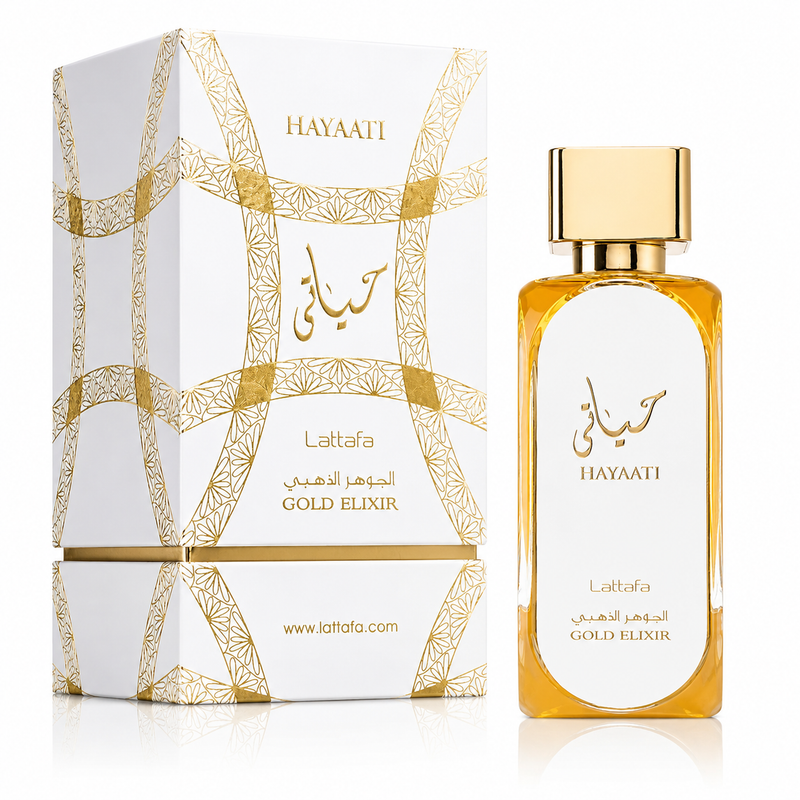 Hayaati Gold Elixir 100 ml, perfume disponible en Gotitas de Miel Panamá.