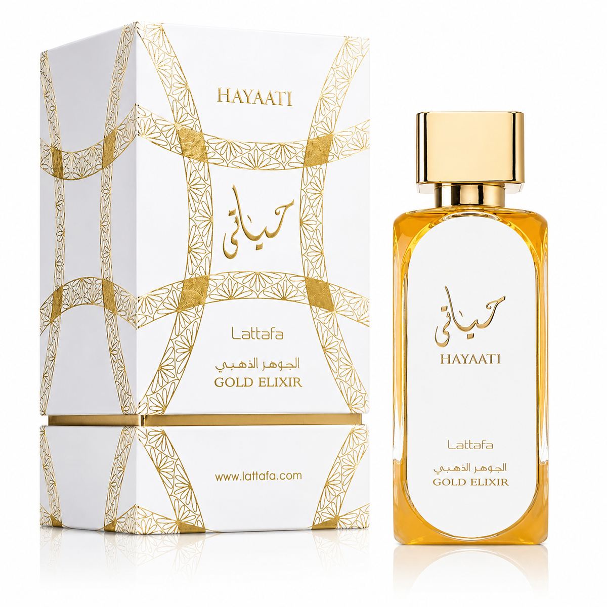 Hayaati Gold Elixir 100 ml, perfume disponible en Gotitas de Miel Panamá, presentación completa.
