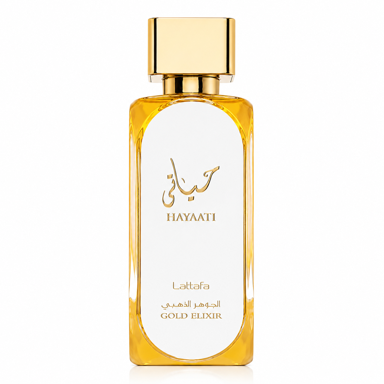 Hayaati Gold Elixir 100 ml, perfume disponible en Gotitas de Miel Panamá, frasco y estuche.