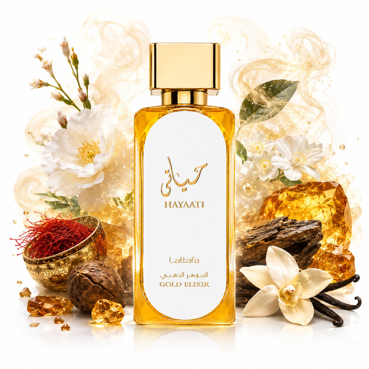 Hayaati Gold Elixir 100 ml, perfume disponible en Gotitas de Miel Panamá, detalle del frasco.