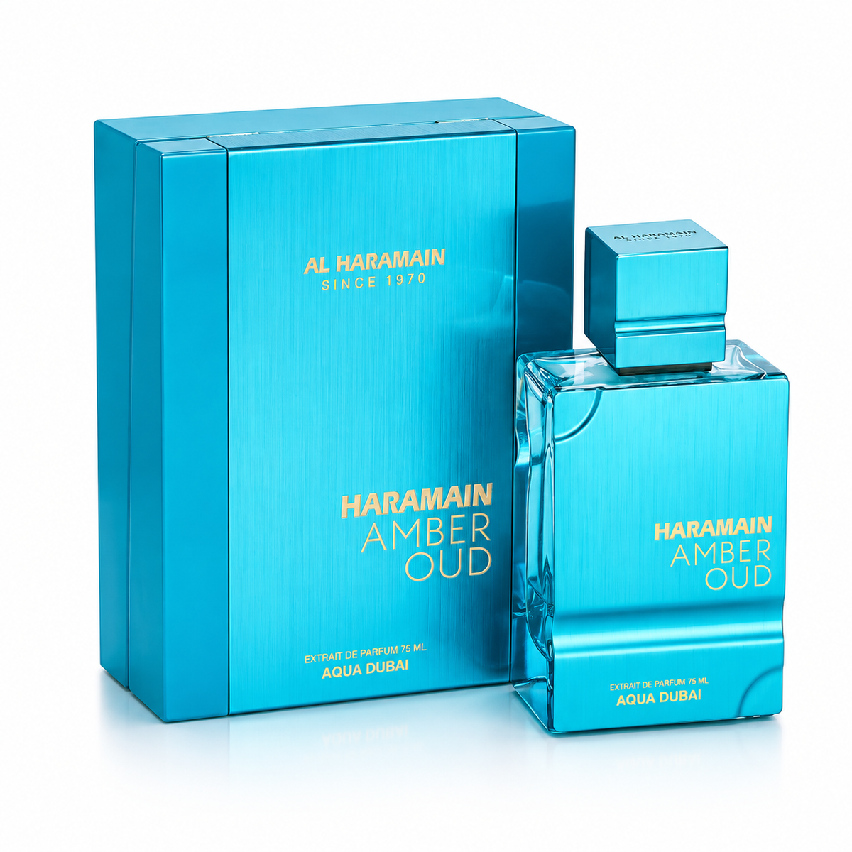 Al Haramain Amber Oud Aqua Dubai Extrait de Parfum 75ml rodeado de sus notas olfativas: bergamota, limón, menta, rosa, jazmín, ámbar, oud y madera