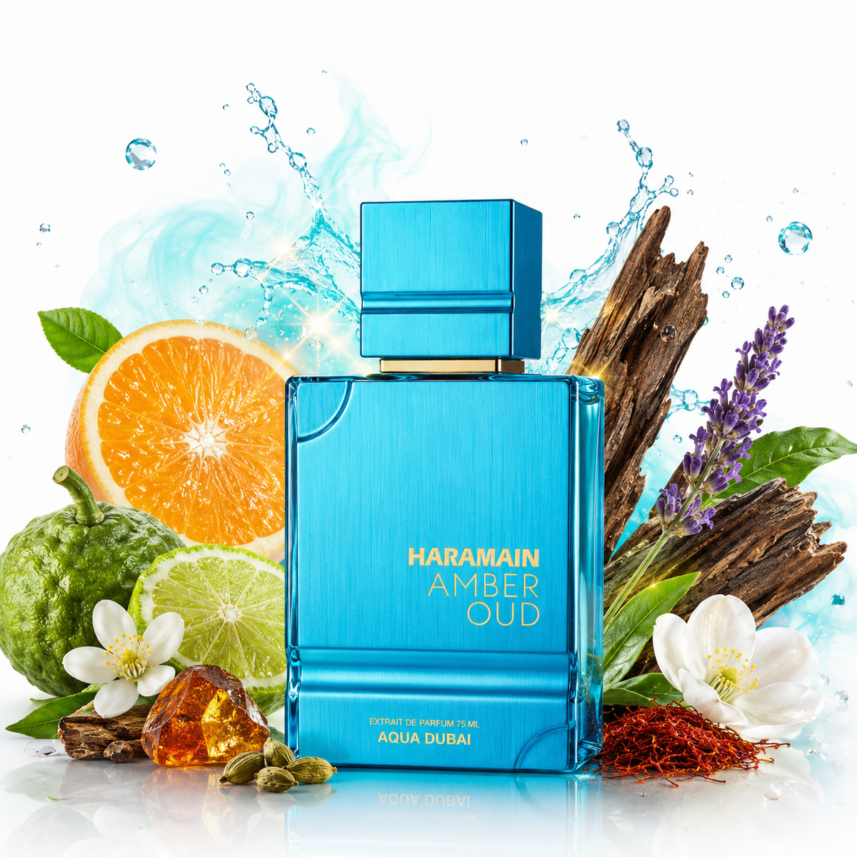 Amber Oud Aqua Dubai 100 ml, perfume disponible en Gotitas de Miel Panamá, vista de detalle.