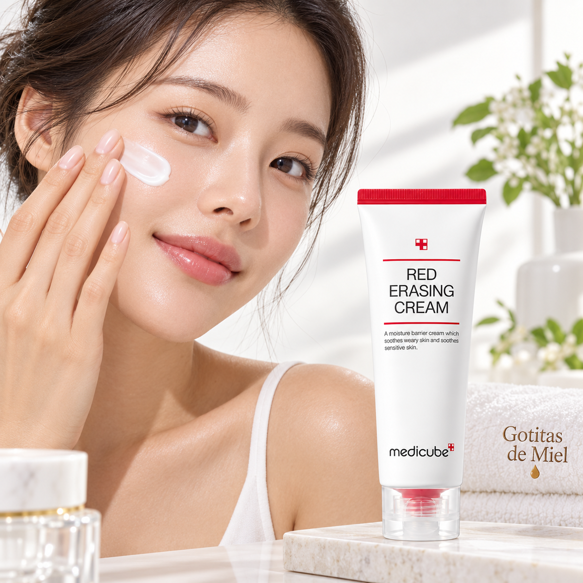Modelo aplicando Medicube Red Erasing Cream en el rostro - disponible en Gotitas de Miel Panama