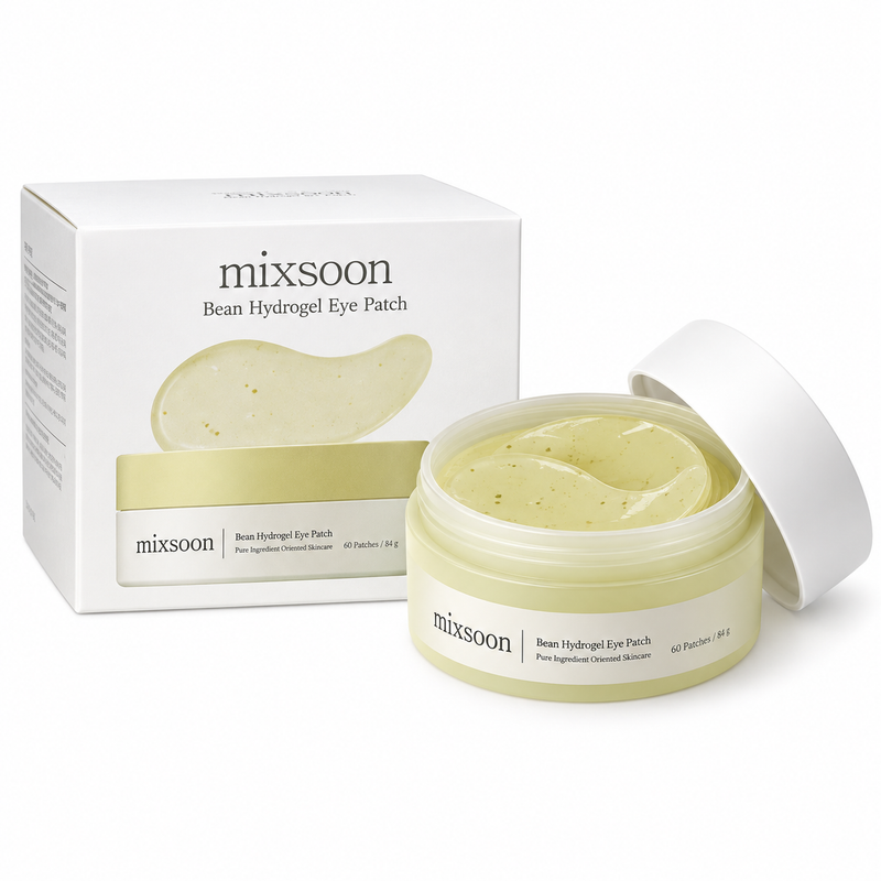 Mixsoon Bean Hydrogel Eye Patch — tarro abierto y caja del producto, 60 parches 84g