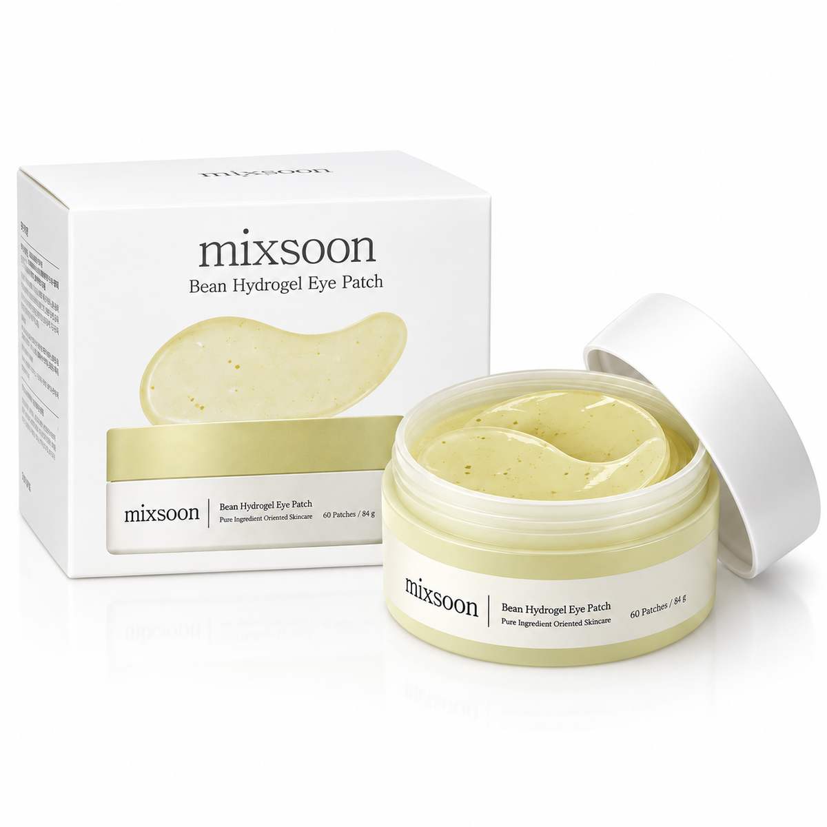 Mixsoon Bean Hydrogel Eye Patch — vista producto completo tarro y caja fondo blanco