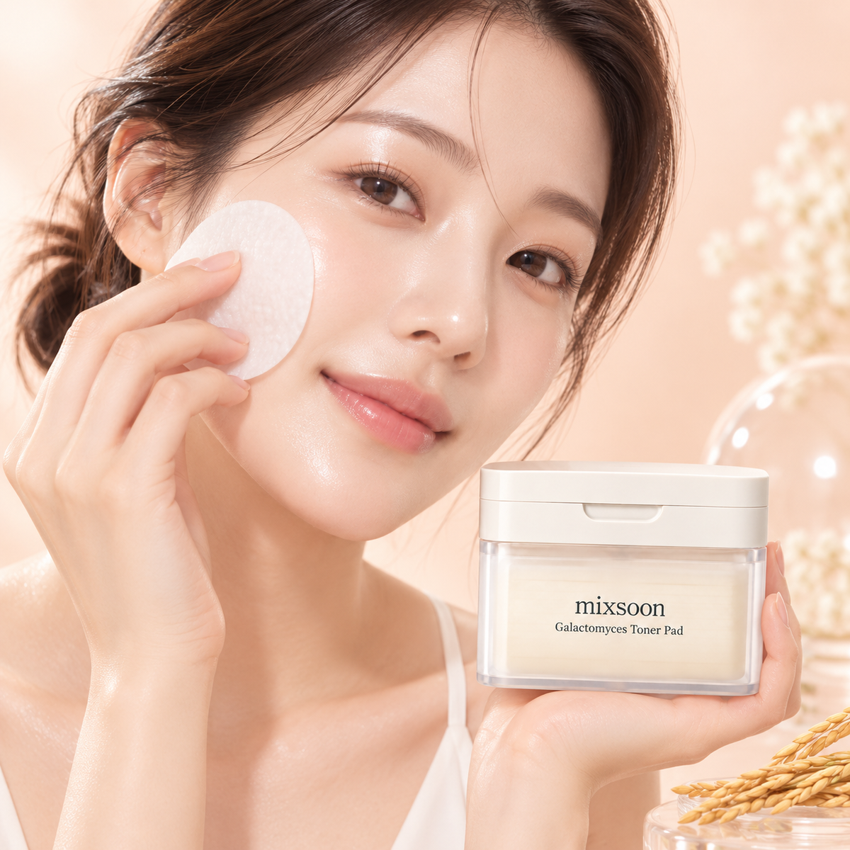 Modelo aplicando Mixsoon Galactomyces Toner Pad en el rostro - pads tonificantes coreanos, disponible en Panama