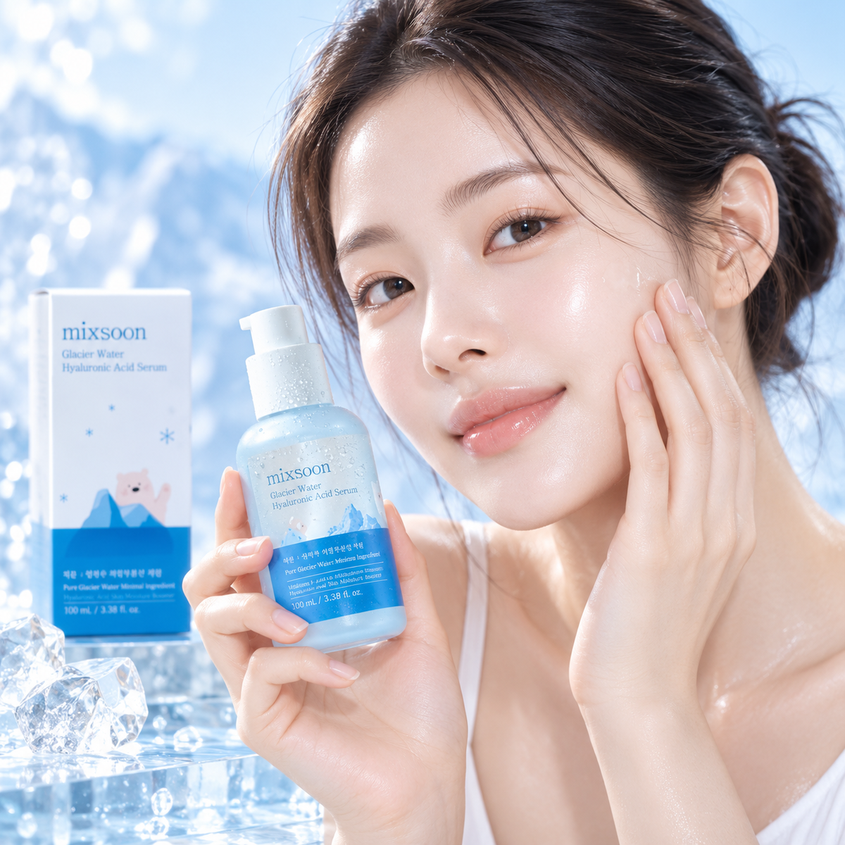 Modelo sosteniendo Mixsoon Glacier Water Hyaluronic Acid Serum - hidratacion profunda para piel radiante, disponible en Panama