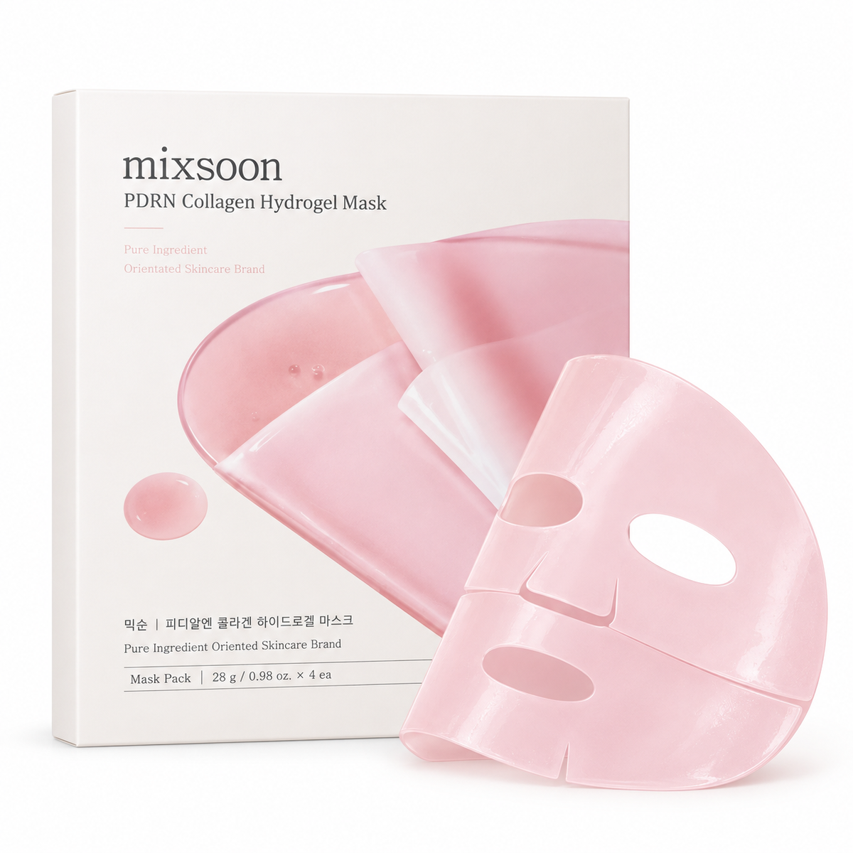Mixsoon PDRN Collagen Hydrogel Mask - mascarilla facial en hoja con forma de rostro, textura hidrogel rosa