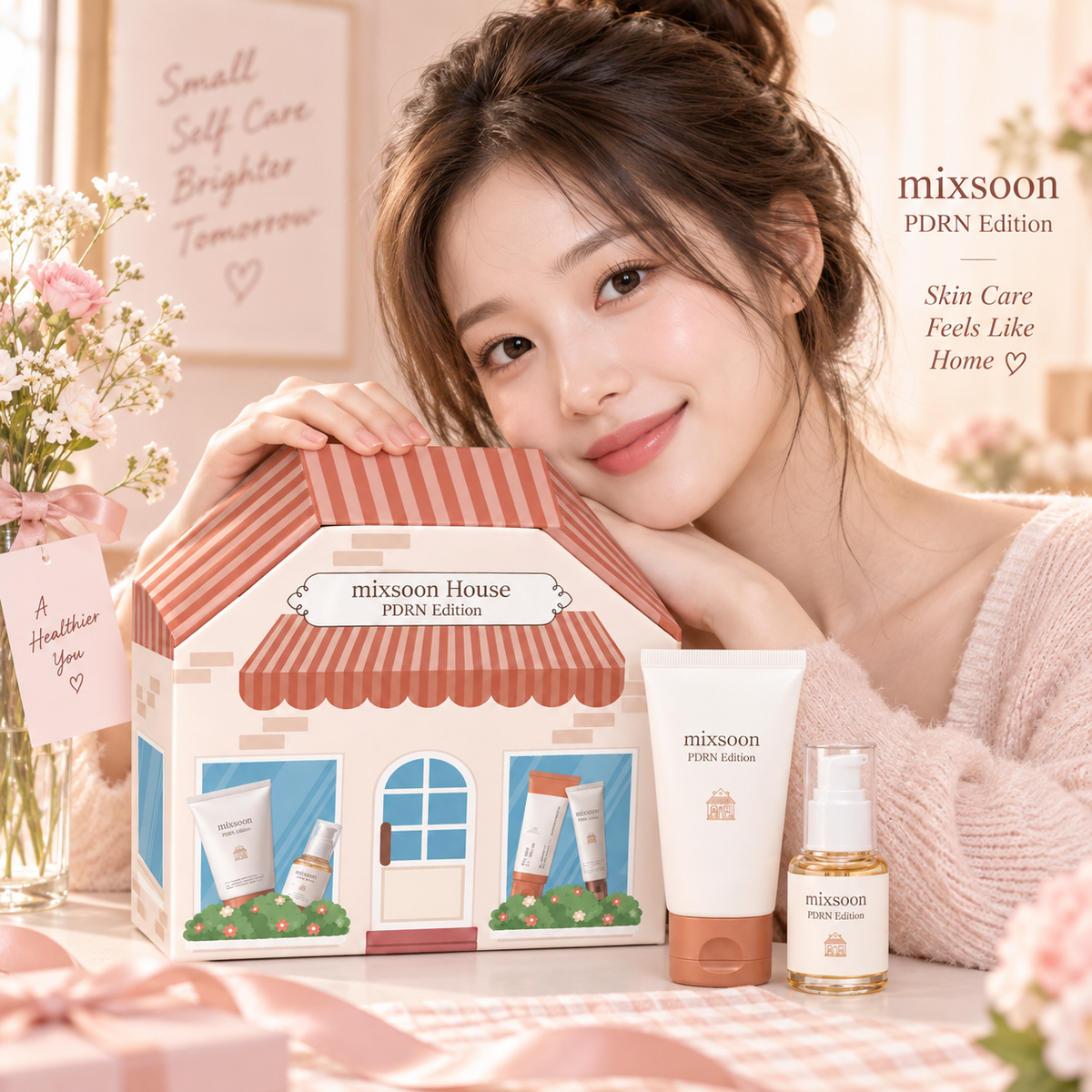 Modelo con set de regalo Mixsoon House edicion PDRN, incluye Mixsoon PDRN Collagen Serum - skincare coreano, Gotitas de Miel Panama