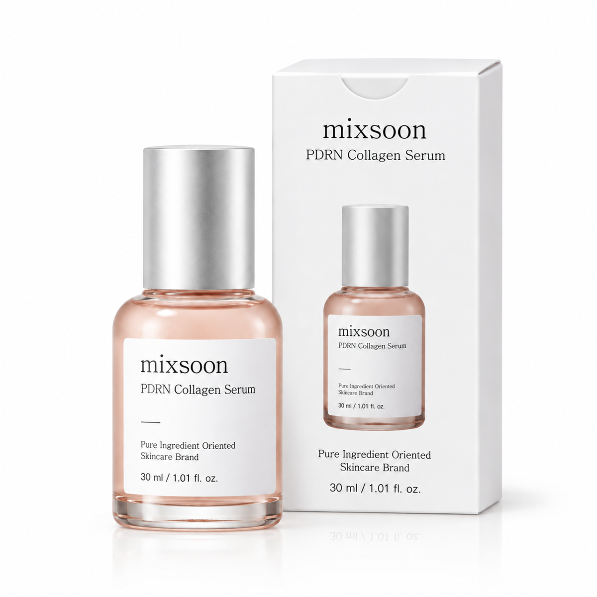 Mixsoon PDRN Collagen Serum 30ml — frasco con caja vista frontal fondo blanco
