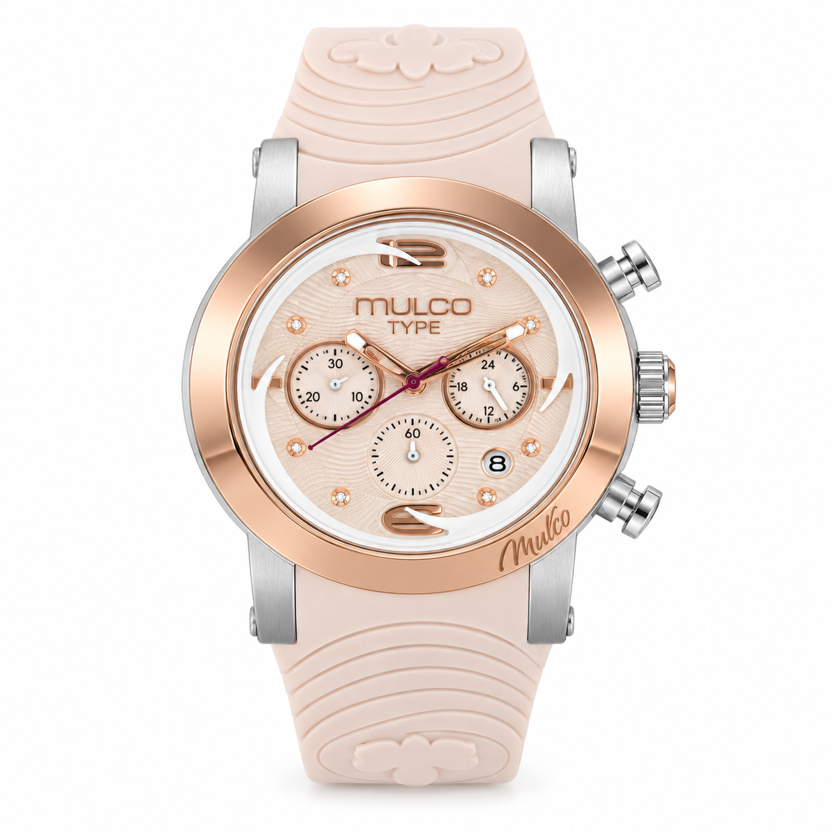 Reloj MULCO MW-21837-113 — correa blanca, dial rosa y negro, bisel rose gold, vista frontal