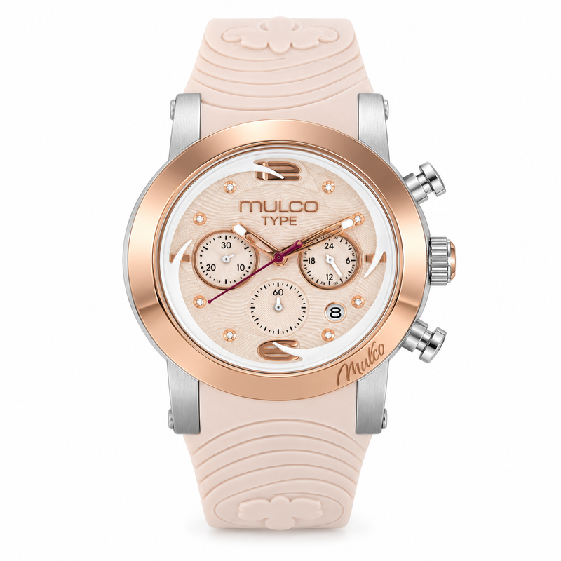 Reloj MULCO MW-21837-113 — correa blanca, dial rosa y negro, bisel rose gold, vista frontal
