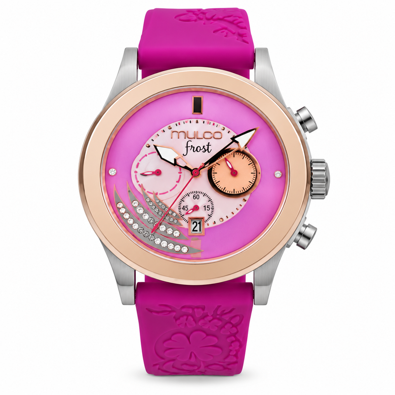 Reloj MULCO MW-21841-083 — correa negra, dial negro, bisel rose gold, vista frontal