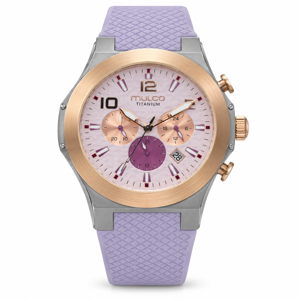 Reloj MULCO MW-22810L-053 — correa nude, dial rosa y blanco, bisel rose gold texturizado, vista frontal