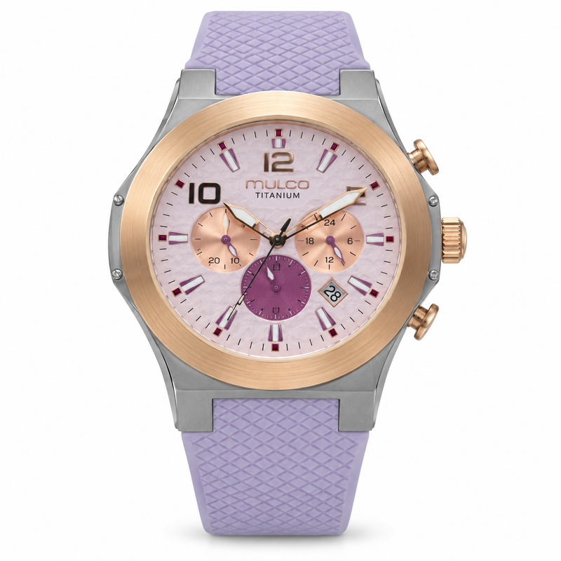 Reloj MULCO MW-22810L-053 — correa nude, dial rosa y blanco, bisel rose gold texturizado, vista frontal