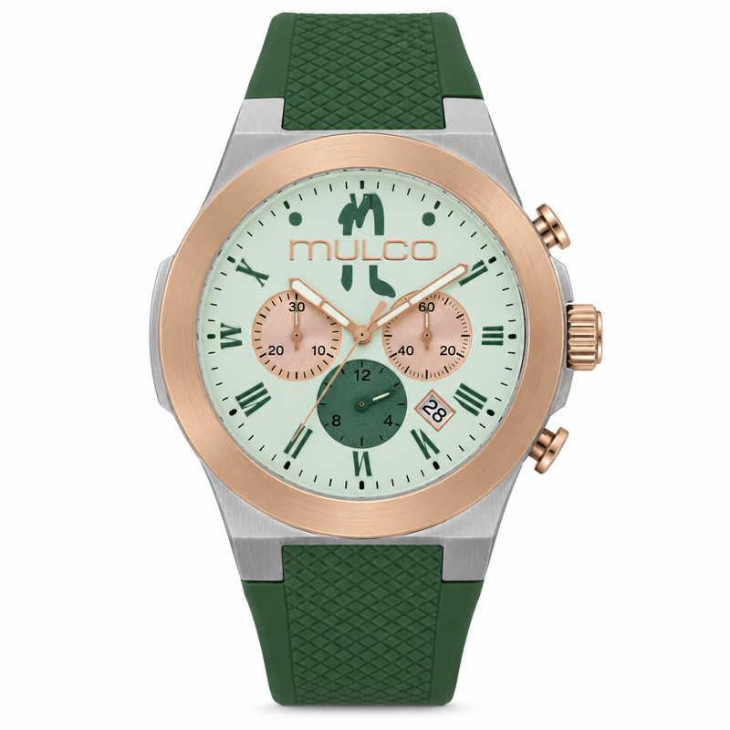 Reloj MULCO MW-22810L-473 — correa verde, dial verde con detalles en cristal, bisel rose gold, vista frontal