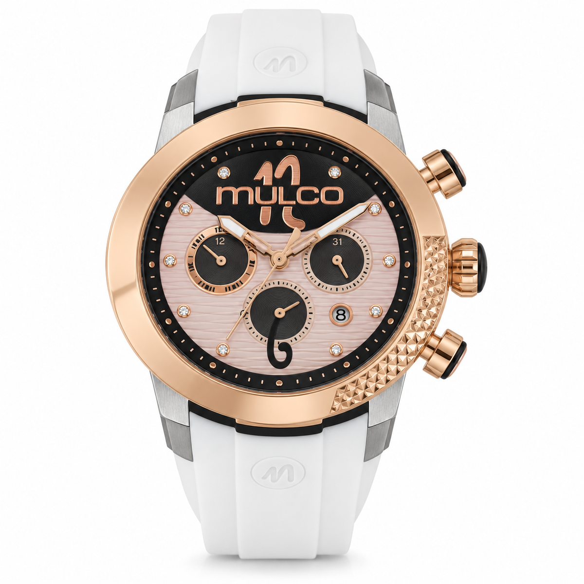 Reloj MULCO MW-22872-013 — correa azul, dial azul nácar con cuadrícula, bisel rose gold, vista frontal