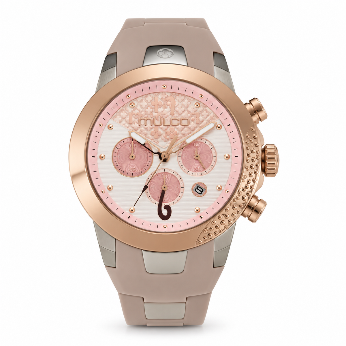 Reloj MULCO MW-22872-113 — correa blanca, dial rosa y negro con cristales, bisel rose gold, vista frontal