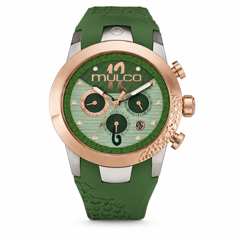 Reloj MULCO MW-22872-473 — correa verde, dial verde con cristales y subdiales, bisel rose gold, vista frontal