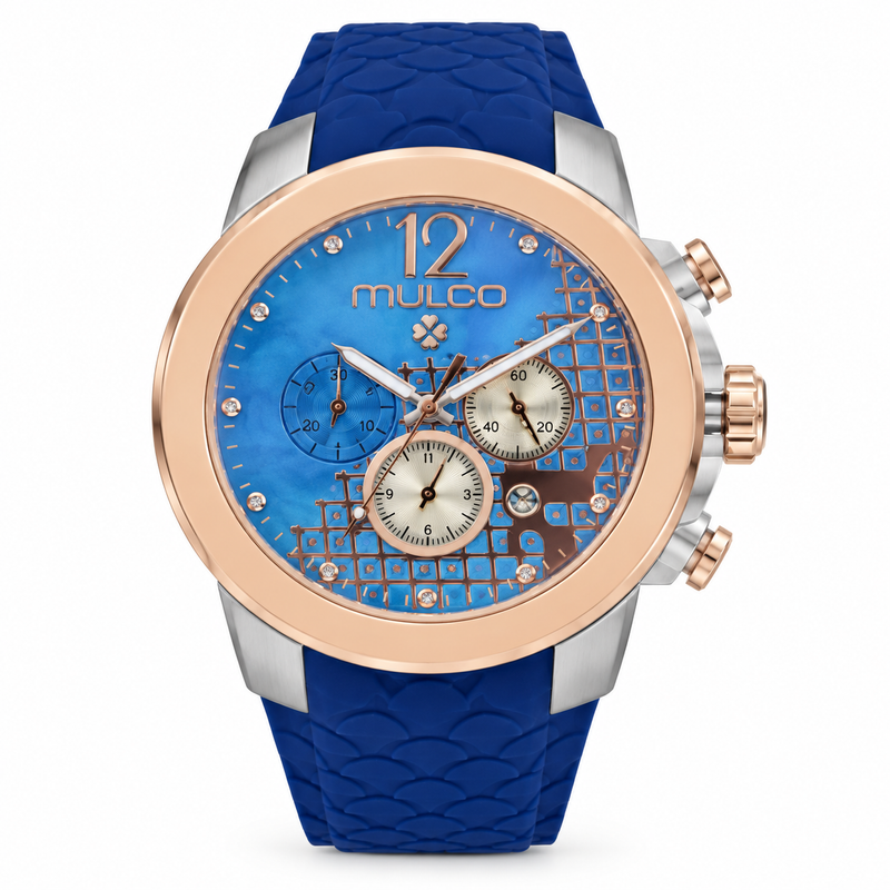 Reloj MULCO MW-22899-043 — correa azul marino, dial azul con rose gold, bisel rose gold, vista frontal